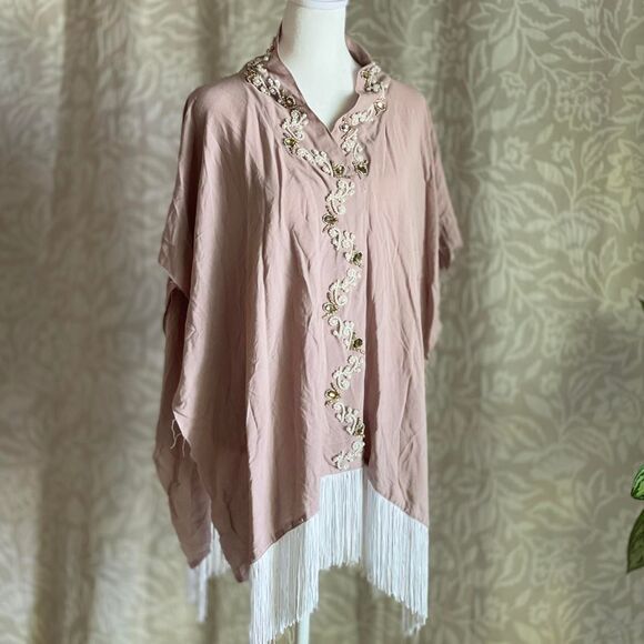 Rare Boho Fringe Poncho Raw Hem Beaded Rhinestones Glam Festival Size‎ S/M - Picture 2 of 8